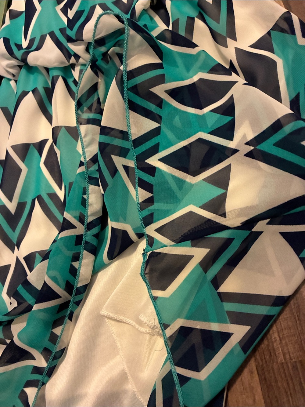 Vintage -Final Touch- Chiffon Mini Dress W/Navy & Aqua Geo Pattern- Made In USA - Picture 9 of 11